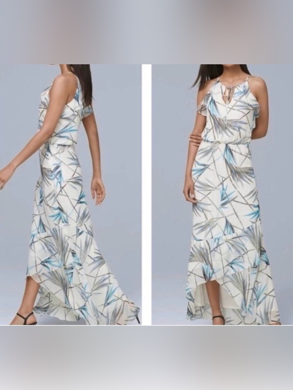 White House Black Market White Tropical-Print High-Low Maxi Dress